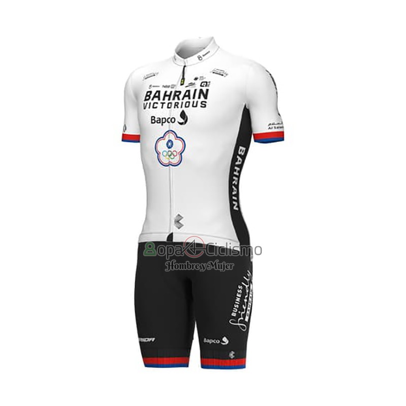 Bahrain Victorious Ropa Ciclismo Culotte Corto 2023 Hombre Mangas Cortas Blanco